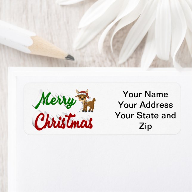 Etiqueta Merry Christmas Reindeer red green script (Insitu)