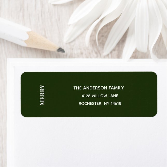 Etiqueta Minimal MERRY | Forest Green Holiday Address Label (Insitu)