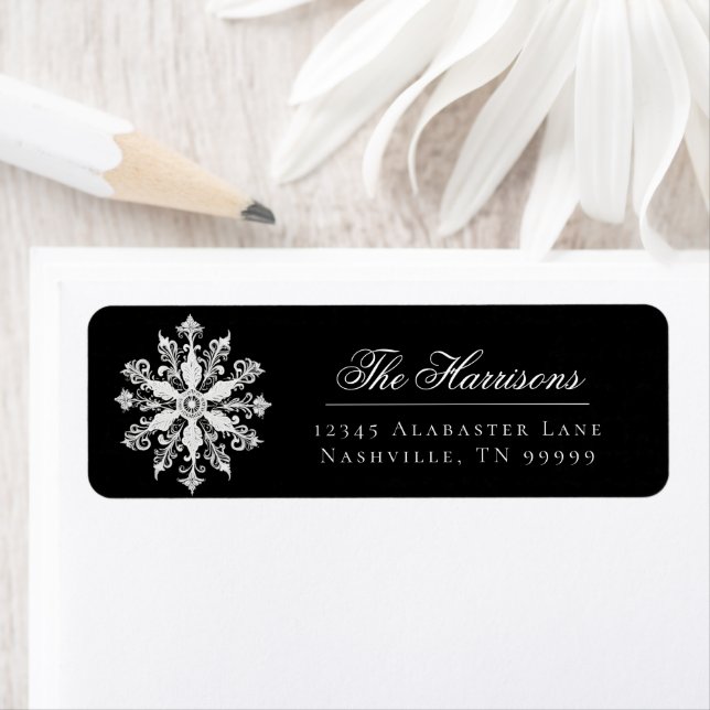 Etiqueta Minimalist Snowflake Wedding Address | Black (Insitu)
