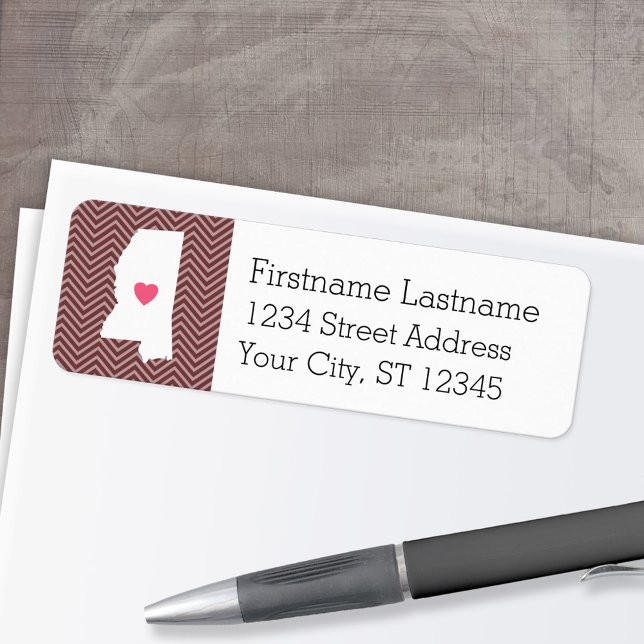 Etiqueta Mississippi Home State Love with Custom Heart (Personalized Mailing Label with Return Address and State Map - Low Minimum)