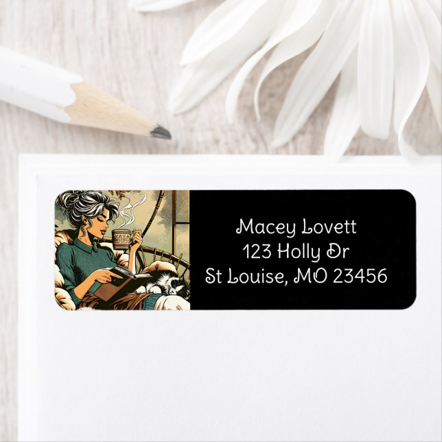 Etiqueta Moça Louca Lendo com Café e Gato (Insitu)