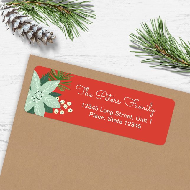 Etiqueta Modern Bold Red Floral Feliz Endereço de Natal (Modern Bold Red Floral Merry Christmas address Label)