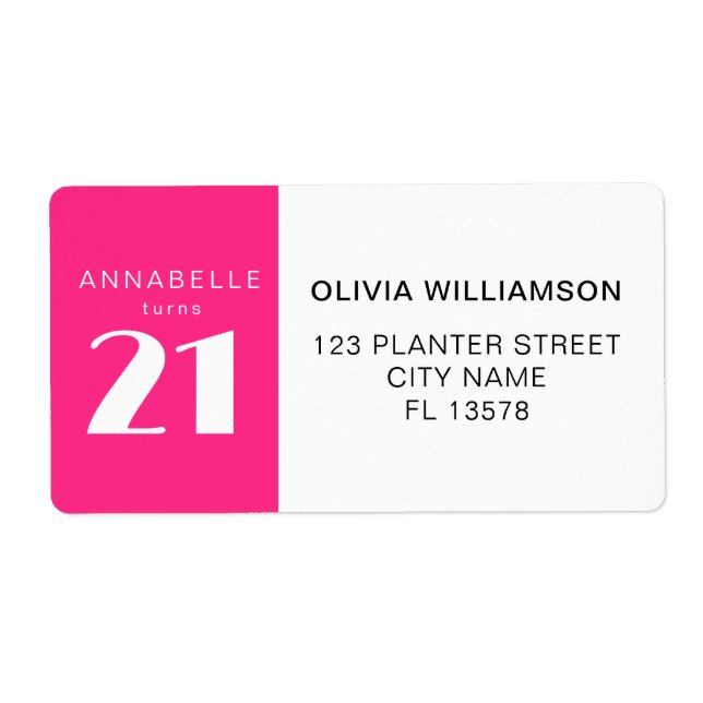 Etiqueta Moderno 21 ruas 21 Festas de aniversário Rosa Quen (Frente)