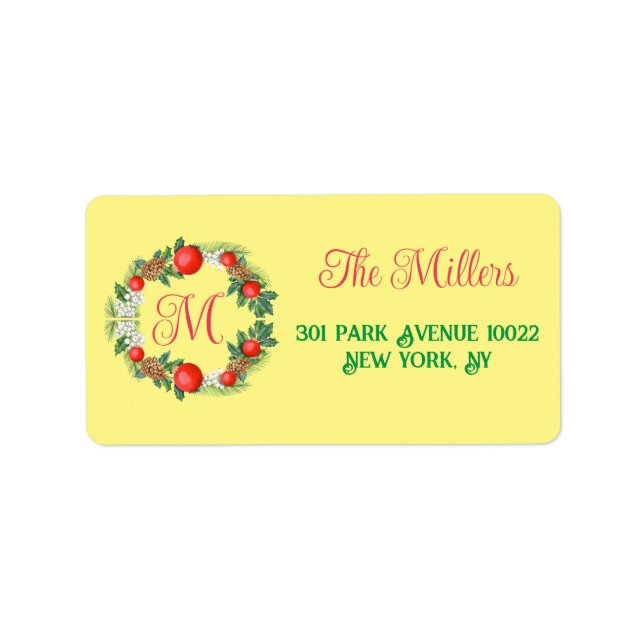 Etiqueta Moderno Feliz Natal Wreath Red Green Amarelo (Frente)