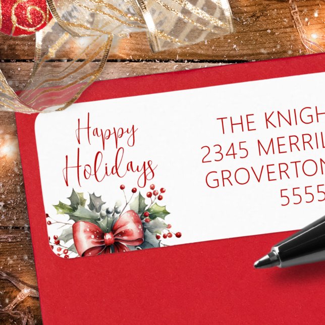 Etiqueta Moderno HAPPY HOLIDAYS Script Red Arco Holly (Criador carregado)