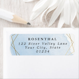 Etiqueta Moldura Dourada de Cor de Água Azul Elegante