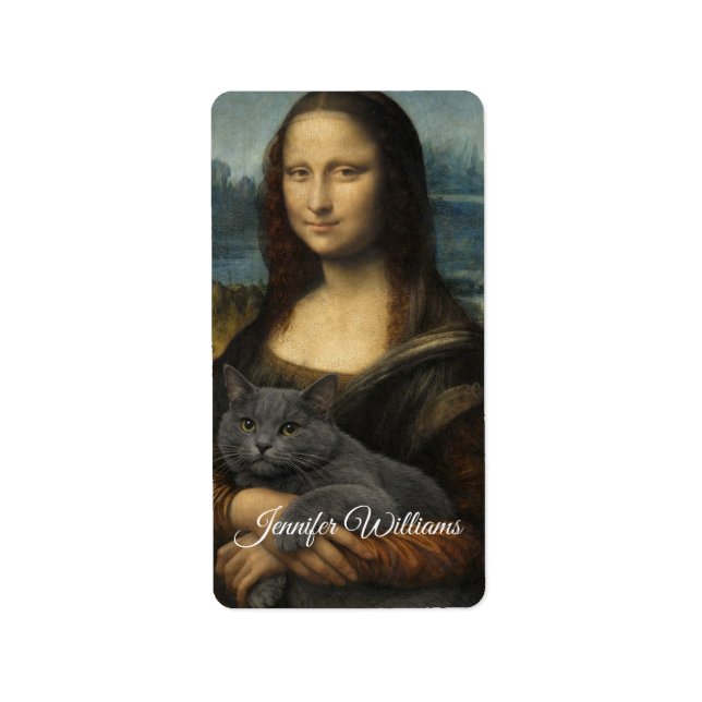 Etiqueta Mona Lisa Holding Elegant Gray Cat                 (Frente)