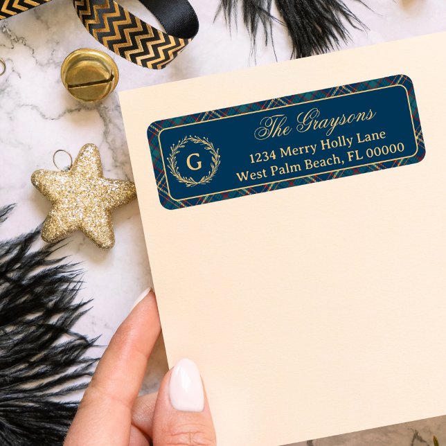 Etiqueta Monograma clássico Wreath Blue Xadrez Natal (Criador carregado)