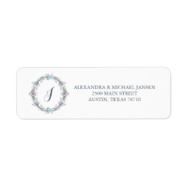 Etiqueta Monograma de Casamento Floral Azul e Púrpura