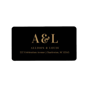 Etiqueta Monograma de Casamento Negro Minimalista Dourado