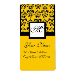 ETIQUETA MONOGRAMA DE DAMASK QUADRADO PRETO E AMARELO