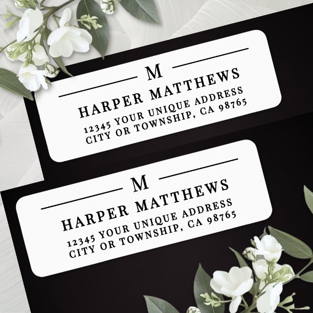 Etiqueta Monograma de Endereço de Devolução Preto e Branco  (Black White Simple Monogram Return Address Label )
