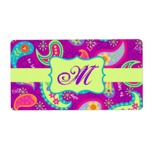 Etiqueta Monograma de Paisley Verde Roxo Magenta