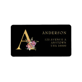Etiqueta Monograma Dourado clássico A com Florais Rosa