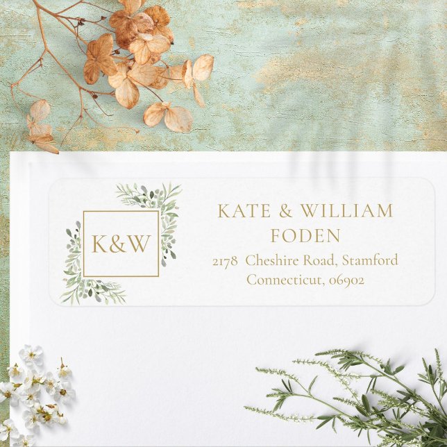 Etiqueta Monograma Dourado Folhagem Verde Endereço (Gold Monogram Greenery Foliage Address Label)