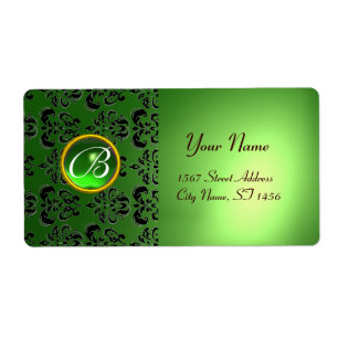 Etiqueta MONOGRAMA GREEN BLACK DAMASK,emerald
