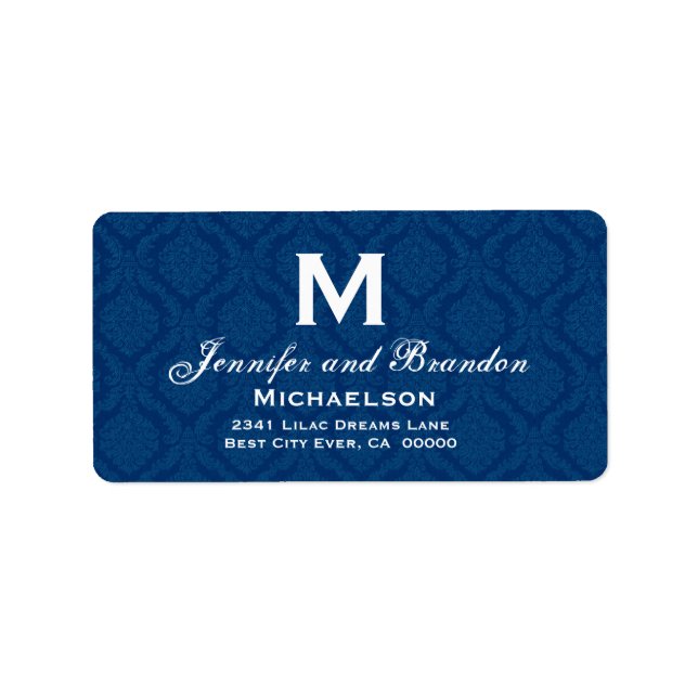 Etiqueta Monograma Personalizado de Casamento Azul e Branco (Frente)