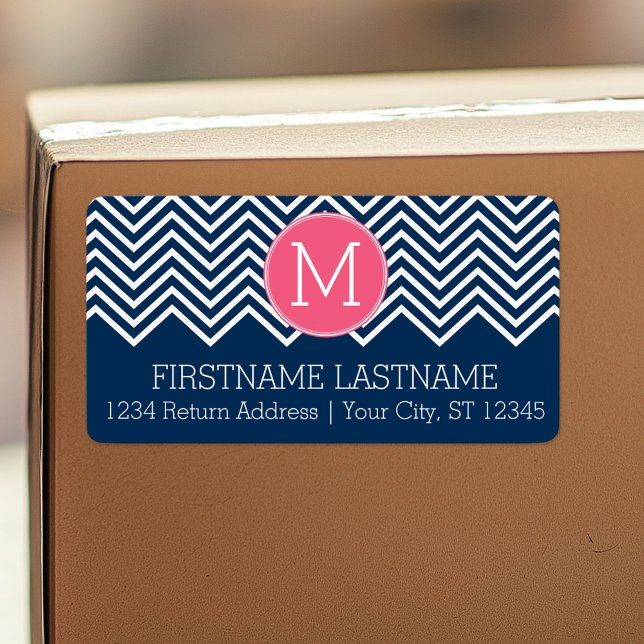 Etiqueta Monograma Personalizado de Chevrons Azul e Magenta (Custom Shipping Label with Return Address)