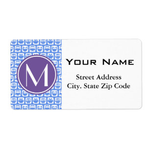 Etiqueta Monograma Personalizado de Coruja Azul e Lilac N1