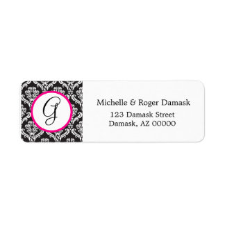 Etiqueta Monograma Personalizado de Damasco Elegante, preto