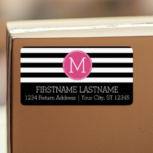 Etiqueta Monograma Rosa Quente, de Padrão Preto e Branco