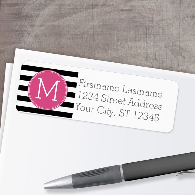Etiqueta Monograma Rosa Quente, de Padrão Preto e Branco (Custom Return Address Labels - Low Minimum)