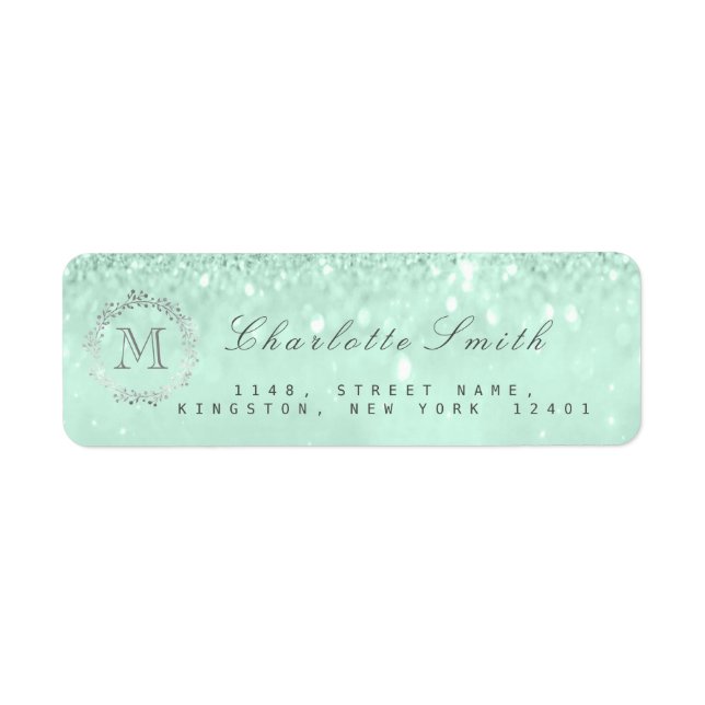 Etiqueta Monograma Silver Glitter Mint Green RSVP Bridal (Frente)