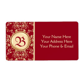 Etiqueta Monograma Vermelho Dourado Damask Carmine, um belo