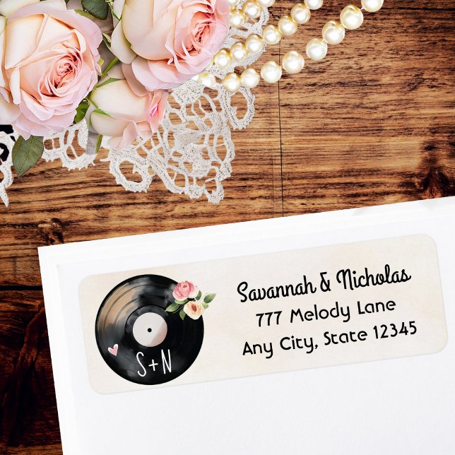 Etiqueta Monogramas Aquarela Registro Floral de Vinilo (A monogrammed vinyl record return address label with floral accents and vintage, elegant charm. )