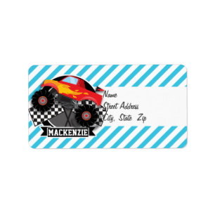 Etiqueta Monster truck vermelho; Bandeira Checkered;