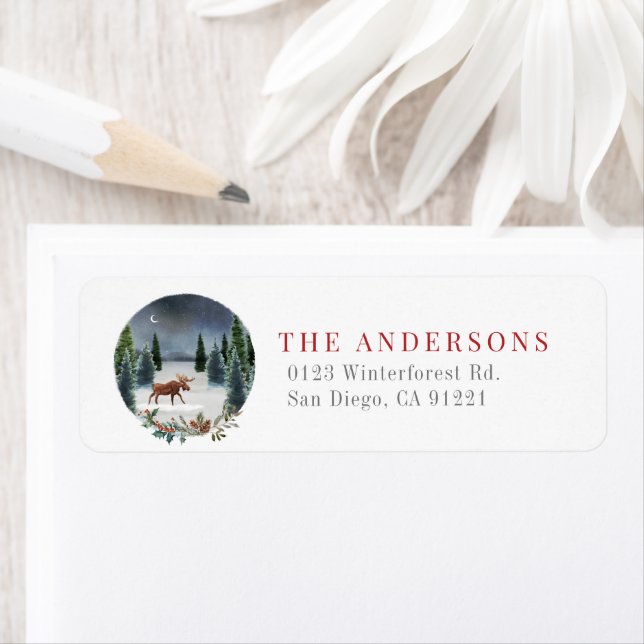 Etiqueta Moose Winter Night Forest Address (Insitu)