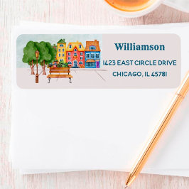 Etiqueta Morada de Devolução de Cidade com Cores Aquáticas 