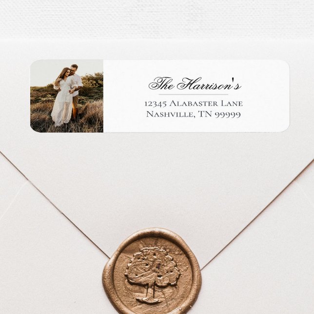 Etiqueta Morada de Devolução de Foto Moderna | Branca (Modern Photo Wedding Return Address Labels)