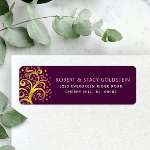 Etiqueta Morada de Retorno do Bat Mitzvah Dourada Tree Life