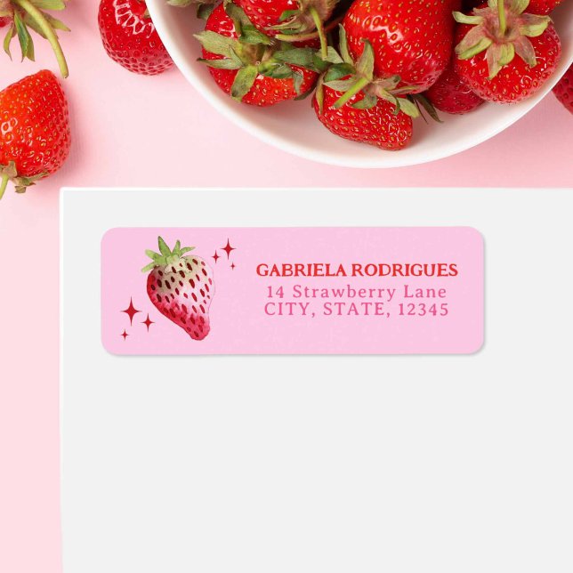 Etiqueta Morango de Aquarelas Rosa e Vermelho (Watercolor Strawberry Pink and Red Label)