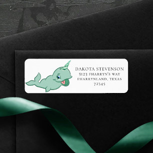 Etiqueta Narwhal Green Cute Mint Chibi Cartoon Address