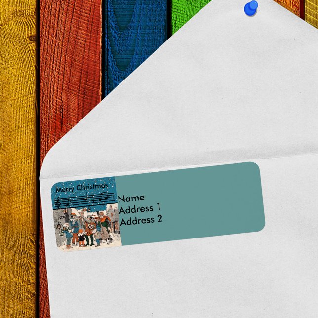 Etiqueta Natais vintages Musicais (Merry Christmas old time carolers and musicians on Street corner on return address label.)