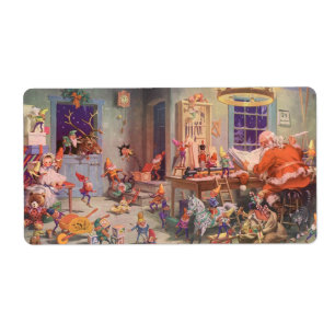 Etiqueta Natais vintages, Papai Noel com o Workshop Elves