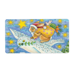 Etiqueta Natal bonito com coelho como Papai Noel na coruja