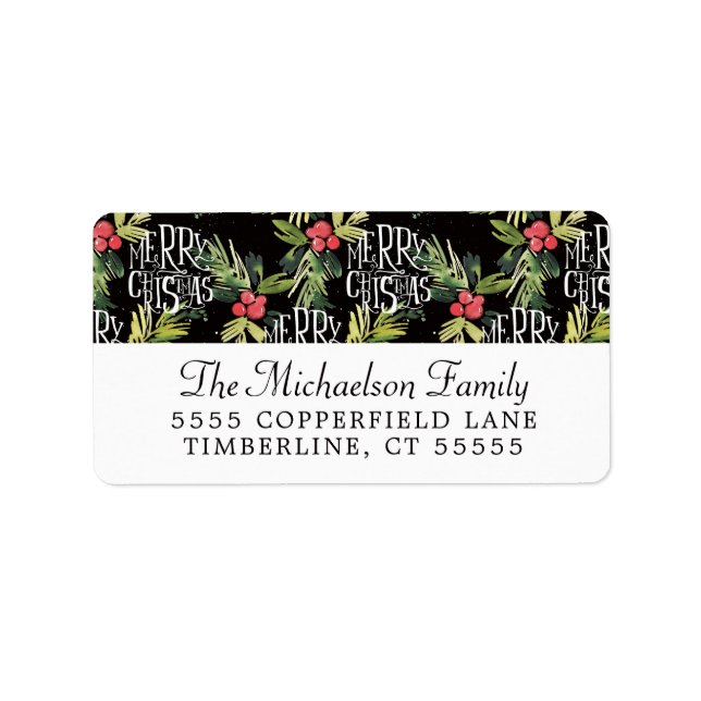 Etiqueta Natal | Feliz Natal - Padrão Preto Holly (Frente)