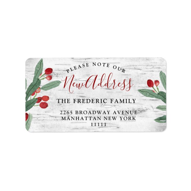 Etiqueta Natal Holly Berry e Rustic Birch Novo Endereço (Frente)