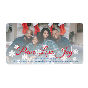 Etiqueta Natal Peace Love Joy Red Script Sua Foto