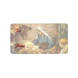 Etiqueta Natal vintage, bebê religioso Jesus de w da