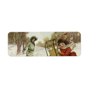 Etiqueta Natal vintage, crianças do Victorian que Sledding