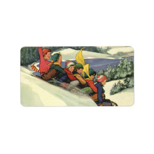 Etiqueta Natal vintage, crianças que Sledding em uma