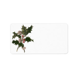 Etiqueta Natal vintage, planta verde do azevinho com bagas