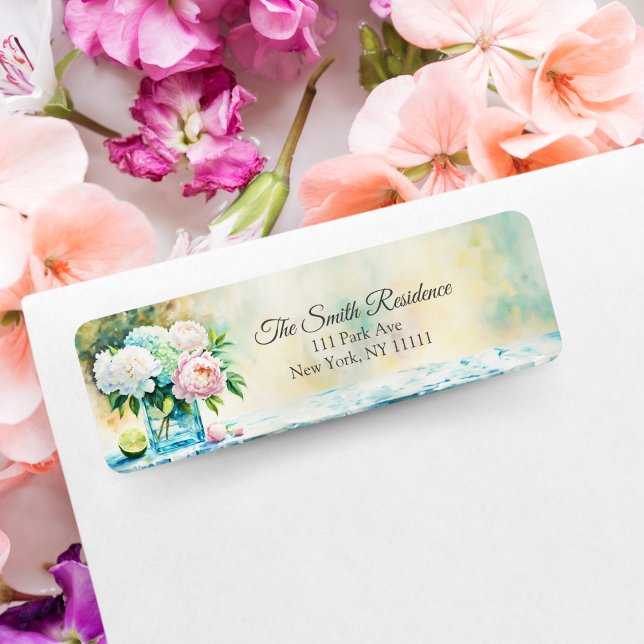 Etiqueta Natureza-Morta em Aquarela de Peônias e Hortênsias (A lovely return address sticker for Hydrangea fans.)