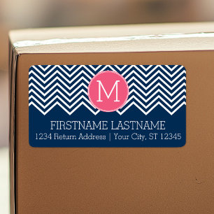 Etiqueta Navy Blue and Magenta Chevrons Custom Monogram