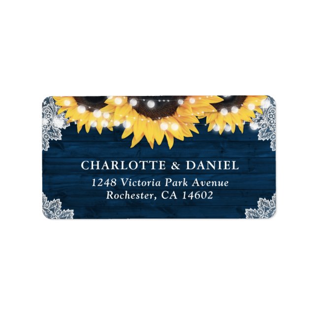 Etiqueta Navy Blue Sunflower Wood Wedding Address Labels (Frente)