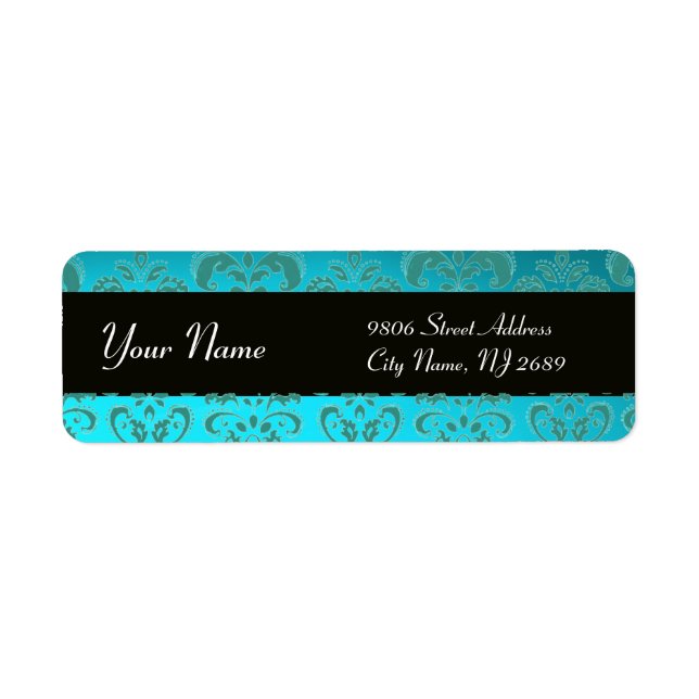 ETIQUETA NEGRO AQUA BLUE TEAL DAMASK (Frente)